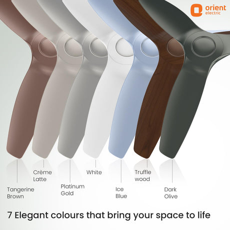 Orient Electric fan blades in various colors on a light gray background