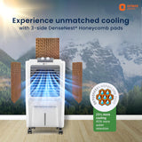 Air cooler with DenseNest Honeycomb pads against a mountainous background, featuring Orient Electric branding.