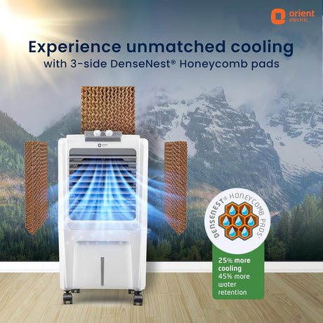 Air cooler with DenseNest Honeycomb pads against a mountainous background, featuring Orient Electric branding.