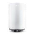 A white cylindrical electric water heater with a dark gray base and a central dial control, shown on a solid white background.