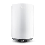 A white cylindrical electric water heater with a dark gray base and a central dial control, shown on a solid white background.