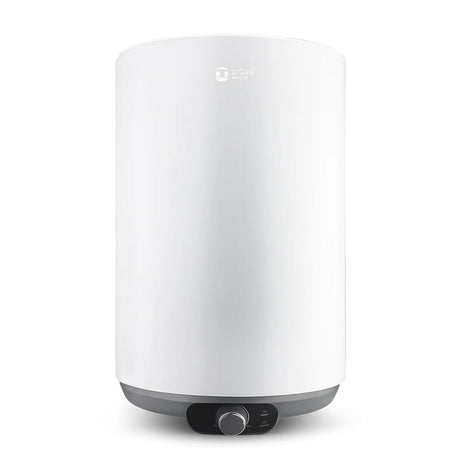 A white cylindrical electric water heater with a dark gray base and a central dial control, shown on a solid white background.