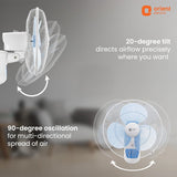 Orient Electric wall-mounted fan with features highlighted on a blurred indoor background
