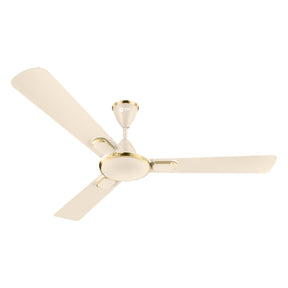 Ceiling fan with beige blades and gold finish on a white background