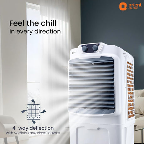 Orient electric air cooler with text 'Feel the chill in every direction' and '4-way deflection' in a room setting.