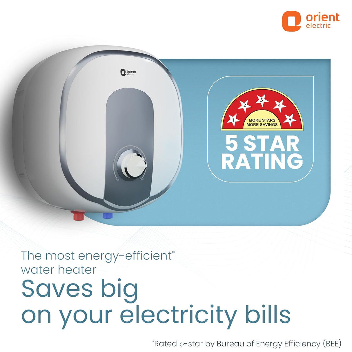 Orient Electric water heater shown on a white background with a blue promotional badge reading '5 Star Rating' and marketing text about energy efficiency and electricity bills.