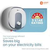 Orient Electric water heater shown on a white background with a blue promotional badge reading '5 Star Rating' and marketing text about energy efficiency and electricity bills.