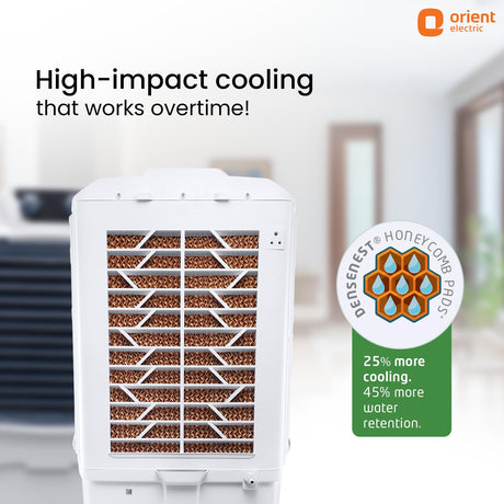 Air conditioning unit with Honeycomb Plus technology label and Orient Electric branding.