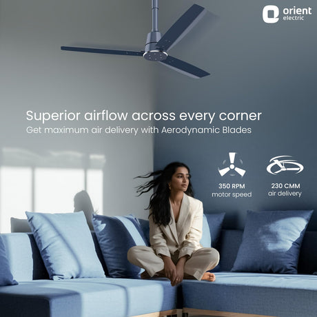 Woman sitting on a blue couch in a living room with an Orient Electric ceiling fan above.