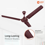 Ceiling fan with ribbed blades on a white background, featuring Orient Electric logo.
