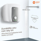 Orient Electric shower head with water flow and durability features highlighted on a white background