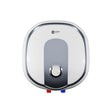 An electric water heater by Orient, featuring a white and silver rounded square design with a central gray panel and a central dial, shown against a plain white background.