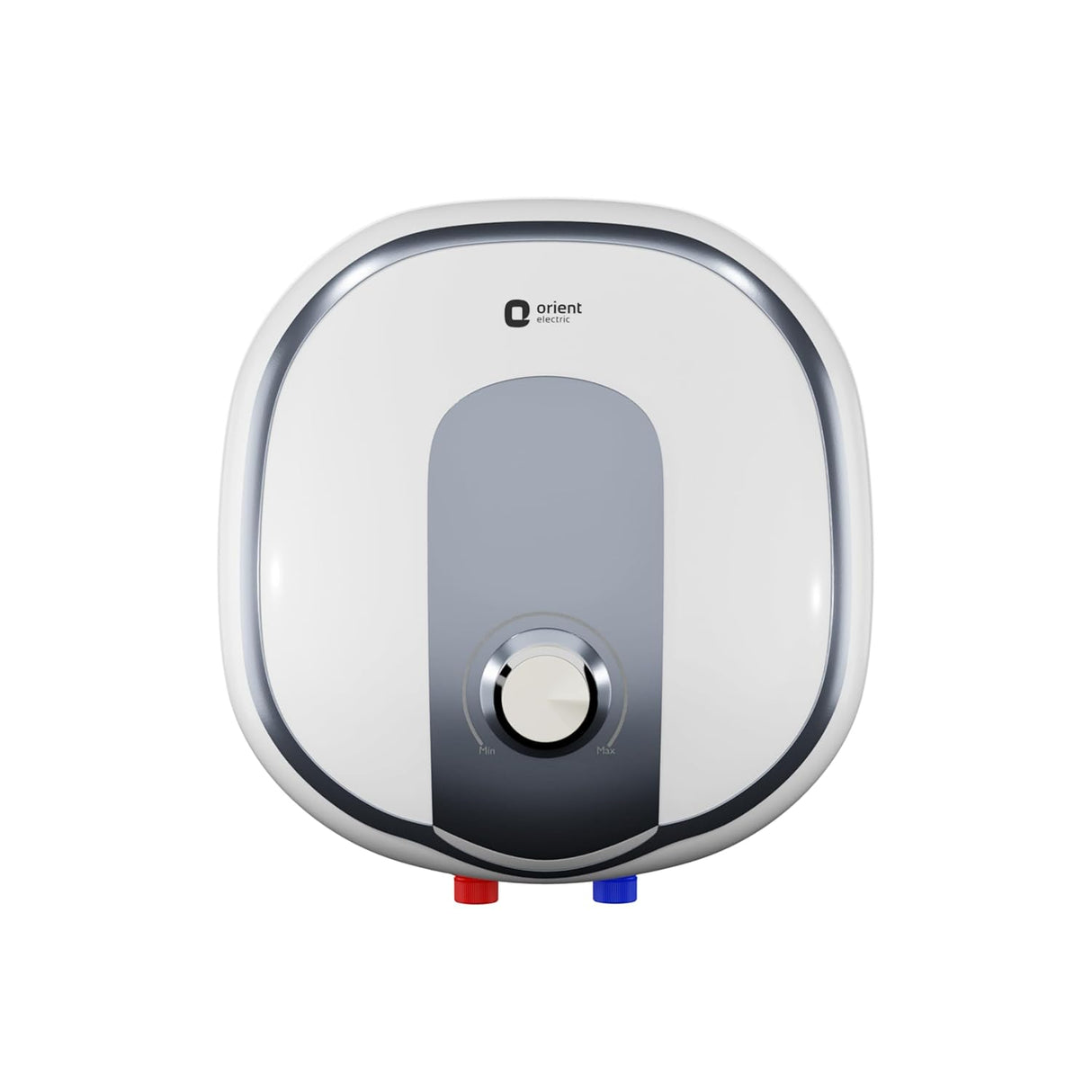 An electric water heater by Orient, featuring a white and silver rounded square design with a central gray panel and a central dial, shown against a plain white background.