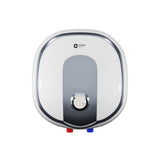 An electric water heater by Orient, featuring a white and silver rounded square design with a central gray panel and a central dial, shown against a plain white background.
