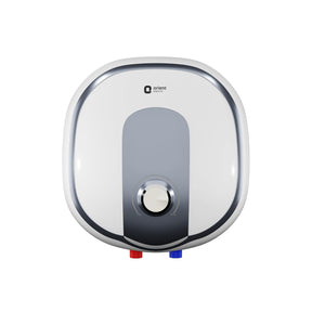 An electric water heater by Orient, featuring a white and silver rounded square design with a central gray panel and a central dial, shown against a plain white background.