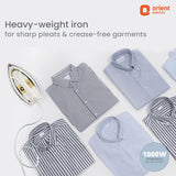 Iron and folded shirts on a white background with Orient Electric branding.