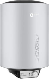 An Orient Radiator water heater cylinder in brushed silver with black top and bottom caps, featuring the 'orient' brand logo and a decorative swirl pattern on the front.