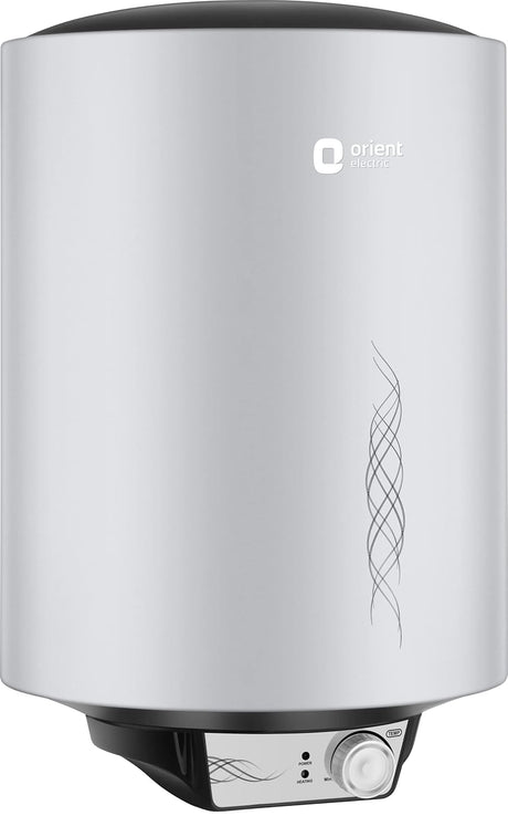 An Orient Radiator water heater cylinder in brushed silver with black top and bottom caps, featuring the 'orient' brand logo and a decorative swirl pattern on the front.