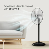 Stand fan labeled 'SStorm 2' in a living room setting with text 'Experience ultimate comfort with SStorm 2'.