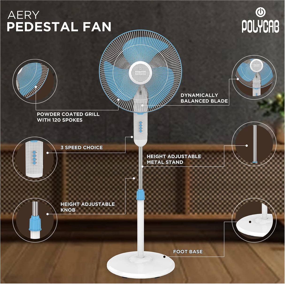 Polycab Aery 400mm Oscillating Pedestal Fan (Turquish Blue)