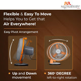Advertisement for a fan with features like up and down movement and 360-degree rotation on a brown background.