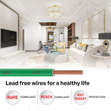 Modern living room with a cable labeled 'Lead free wires for a healthy life' and compliance badges.