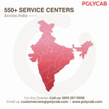 Map of India with POLYCAB service centers across the country, featuring contact information.