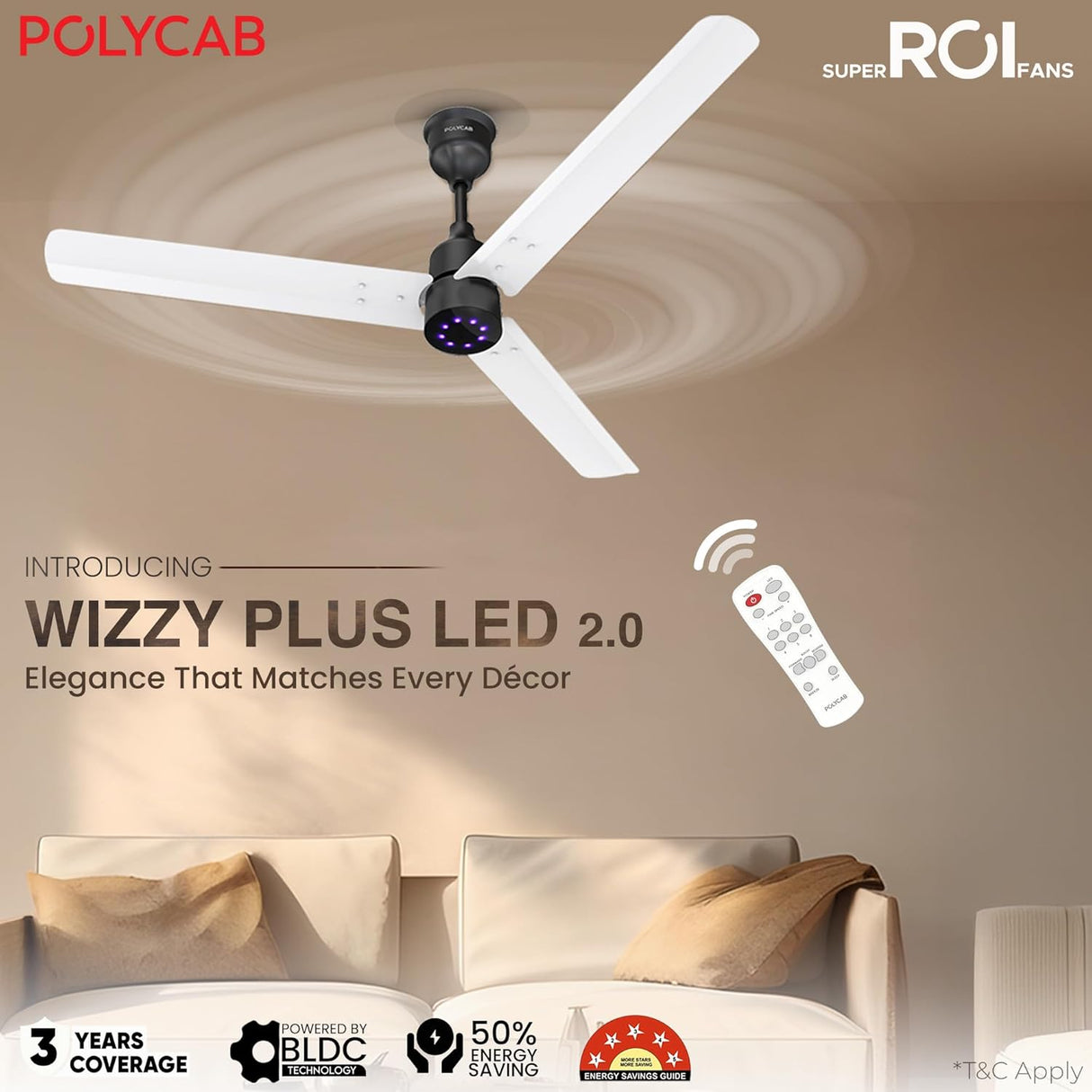 Ceiling fan with remote control in a room, featuring POLYCAB branding.