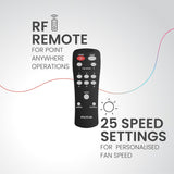Black remote control with text on a gray background