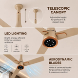 A promotional infographic for a beige ceiling fan with copper accents, showing three feature panels: adjustable telescopic canopy, LED lighting, and aerodynamic blades, with text labels on a light beige background.