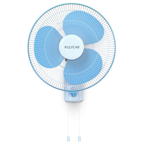 Wall-mounted fan with blue blades and white frame on a white background, featuring the Polycab brand.