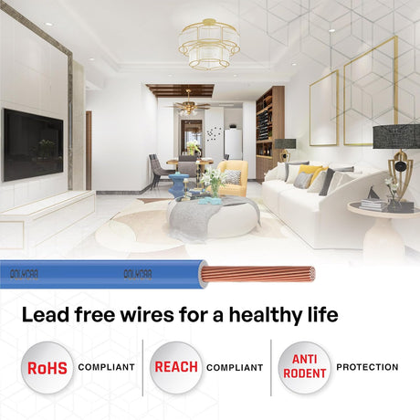 Modern living room with a cable labeled 'Lead free wires for a healthy life' and compliance certifications.
