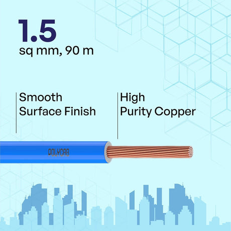 Cable with specifications on a blue geometric patterned background