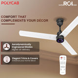 Ceiling fan with remote control on a brown background, featuring Polycab branding.