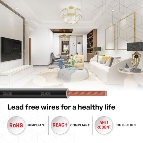 Modern living room with Polycab cable displayed, emphasizing lead-free wires for a healthy life.