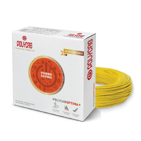 Polycab Optima+ cable packaging with yellow cable on a white background