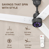 Ceiling fan with specifications on a beige background