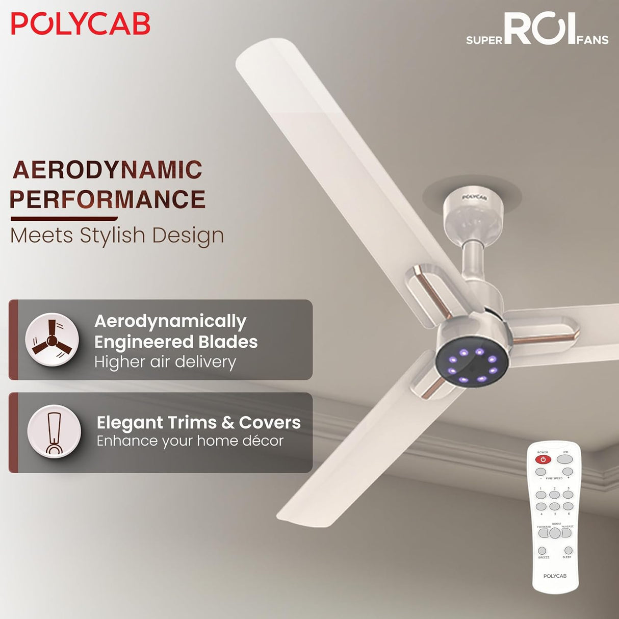 Ceiling fan with remote control on a neutral background, featuring Polycab branding.