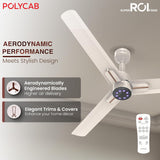 Ceiling fan with remote control on a neutral background, featuring Polycab branding.