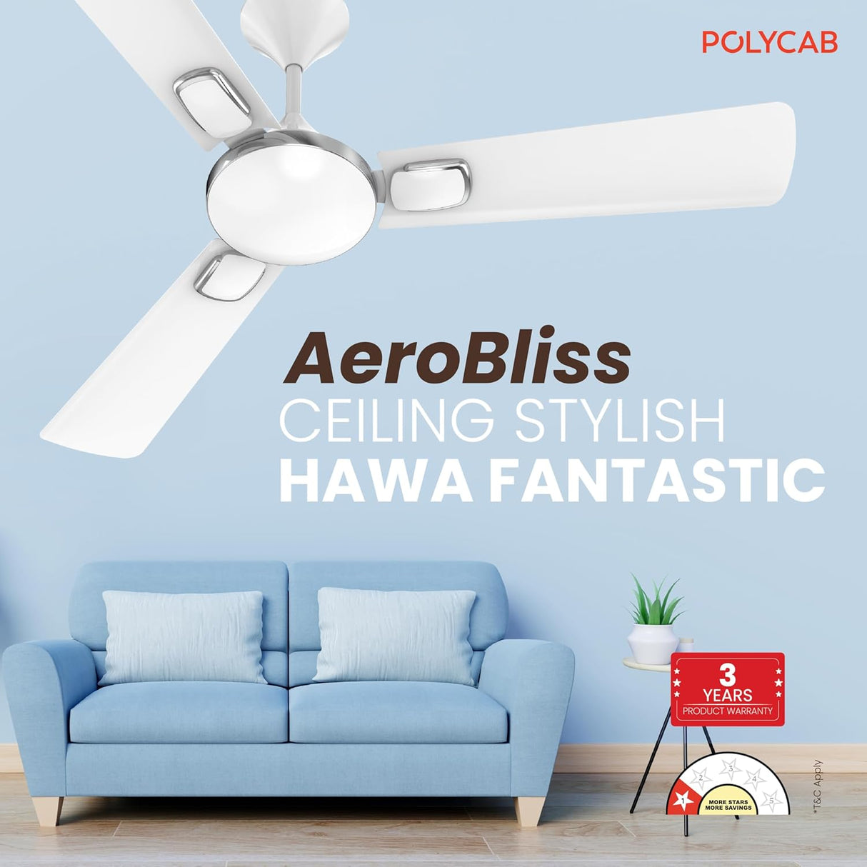 Ceiling fan with a blue sofa and 'AeroBliss' text in a room setting, featuring Polycab brand.