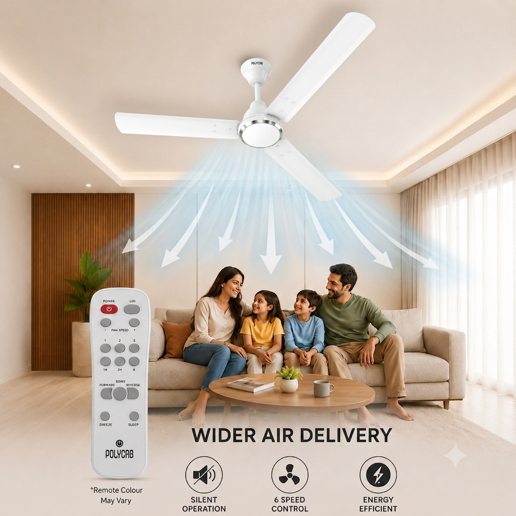 A white ceiling fan with a remote control is shown installed in a bright living room above a family sitting on a sofa. Blue airflow graphics radiate from the fan, and text highlights wider air delivery, silent operation, 6-speed control, and energy efficiency.