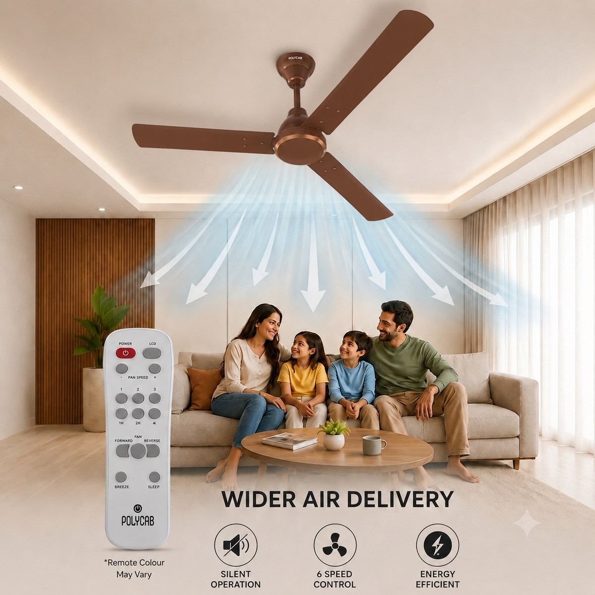 A ceiling fan with a remote control shown in a modern living room above a family sitting on a sofa. The image includes graphic overlays illustrating airflow and text highlighting features like wider air delivery, silent operation, 4-speed control, and energy efficiency.