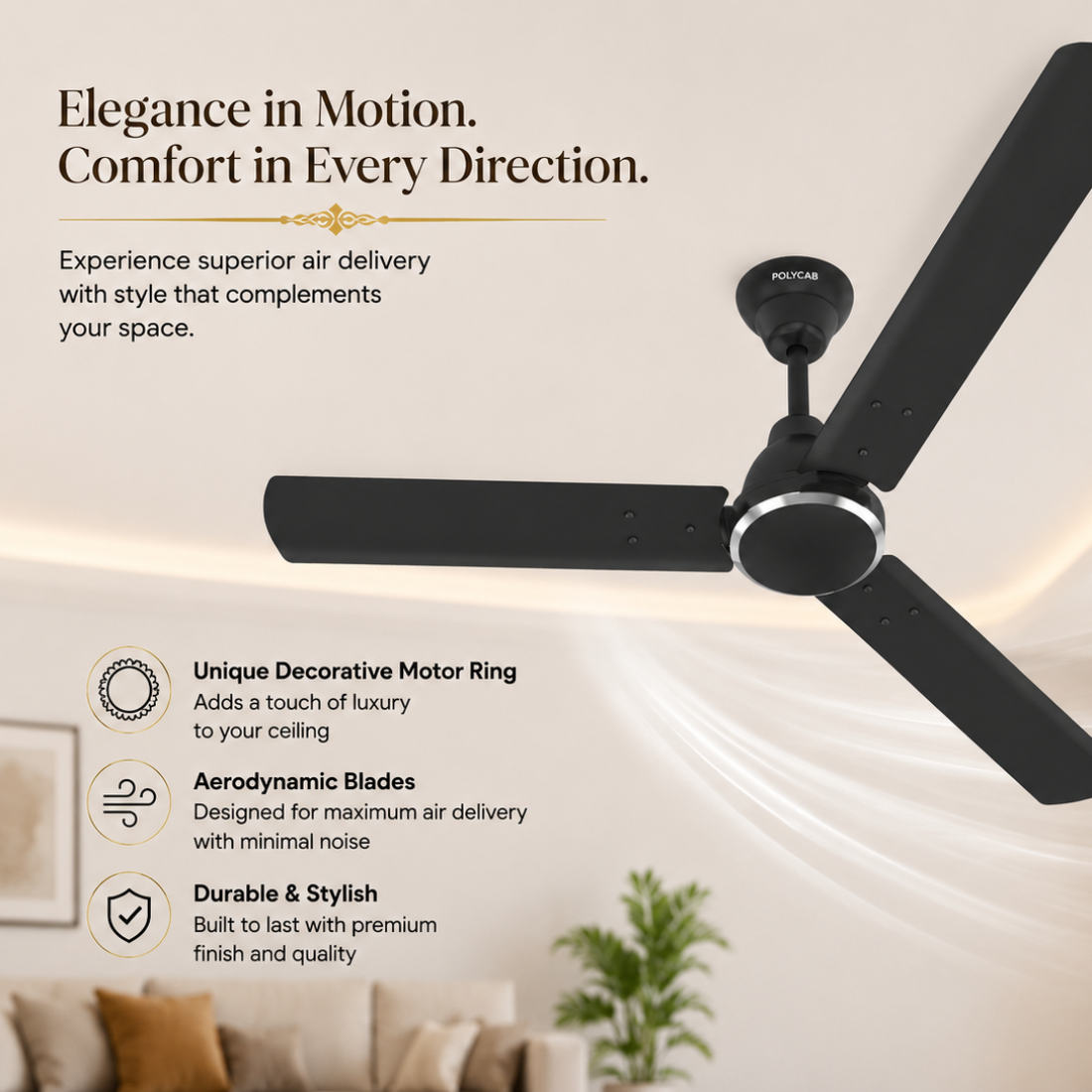 A black three-blade ceiling fan with a decorative motor ring and central hub, shown installed in a modern interior setting with promotional text and feature callouts.