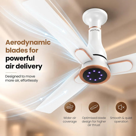 This ceiling fan has aerodynamic blades for powerful air delvery , as t has wider air coverage and Optimised blade design for higher air thrust . 