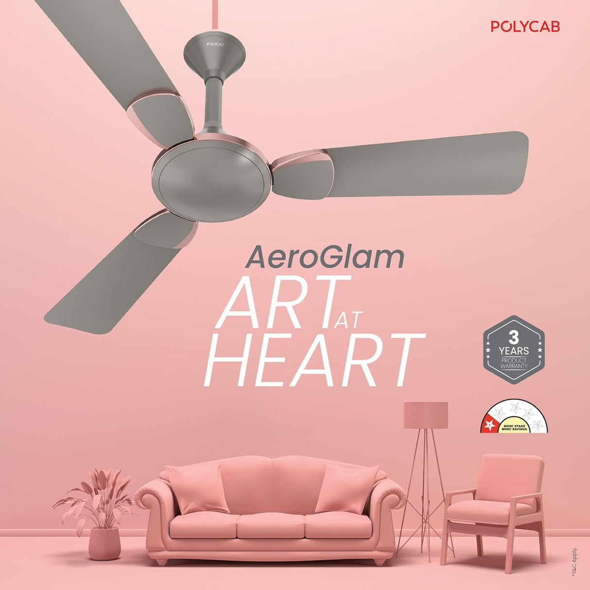 Ceiling fan with 'AeroGlam' branding on a pink background with furniture.