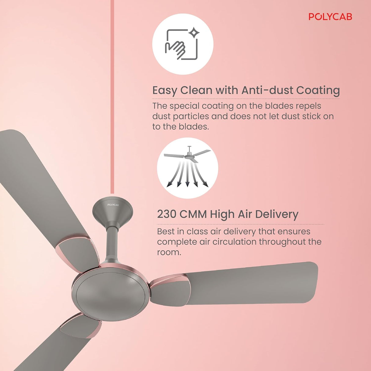 Ceiling fan with anti-dust coating features on a pink background