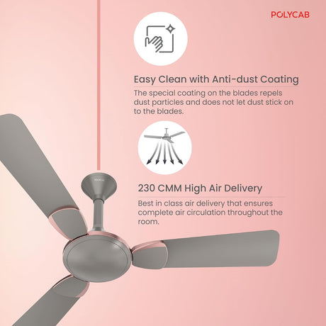 Ceiling fan with anti-dust coating features on a pink background