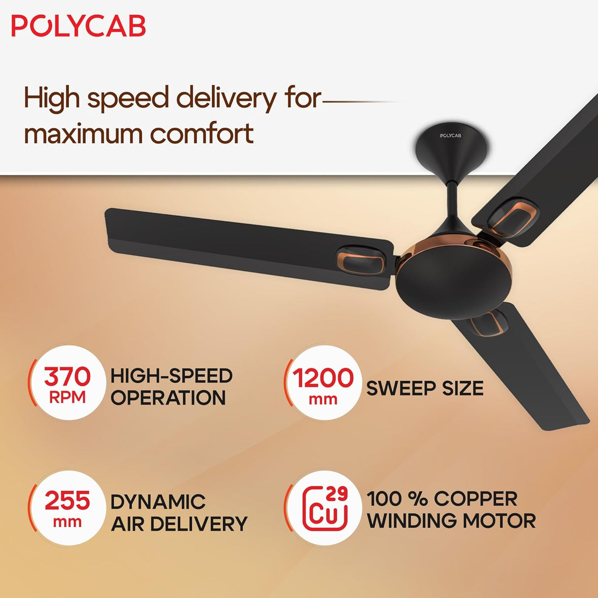 Ceiling fan with specifications on a beige background, featuring Polycab brand.