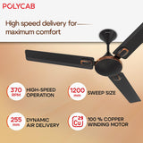 Ceiling fan with specifications on a beige background, featuring Polycab brand.