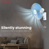 Wall-mounted fan in a living room with 'POLYCARB' branding and text about vibration-free operation.